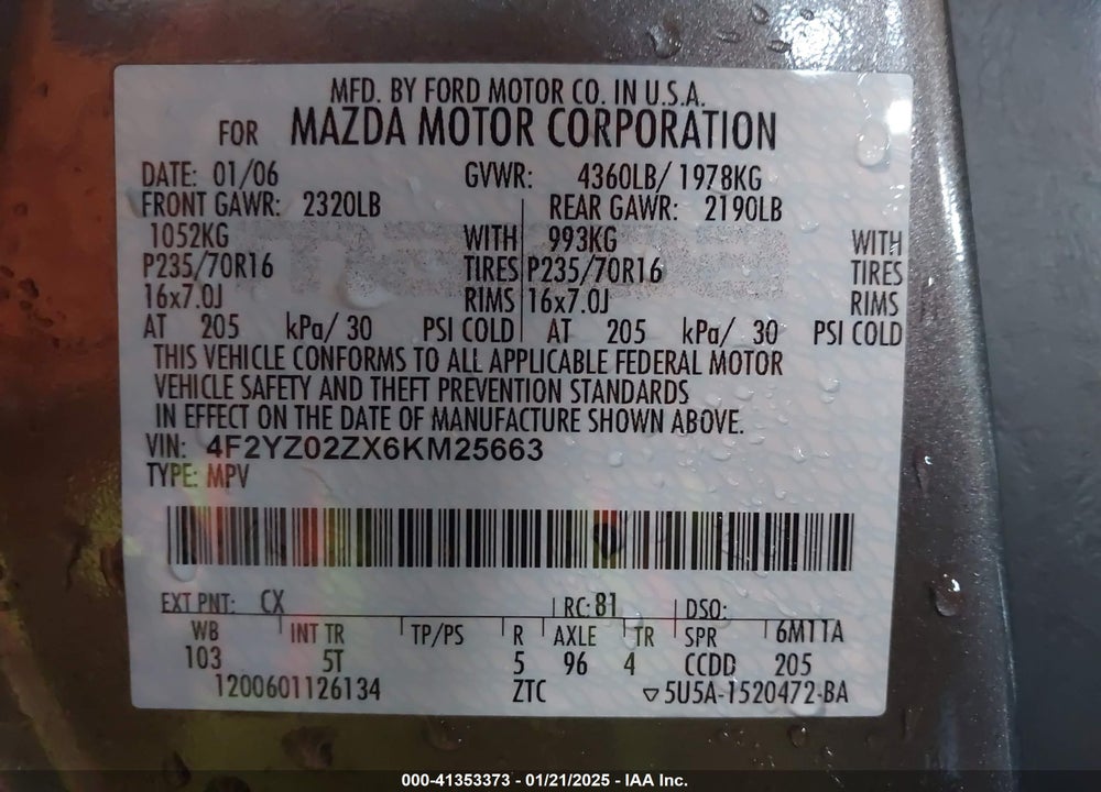 2006 MAZDA TRIBUTE I VIN: 4F2YZ02ZX6KM25663