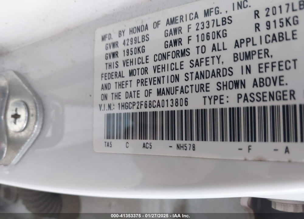 2012 HONDA ACCORD 2.4 SE VIN: 1HGCP2F68CA013806