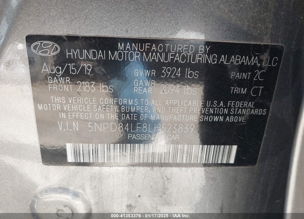 2020 HYUNDAI ELANTRA VIN: 5NPD84LF8LH523839