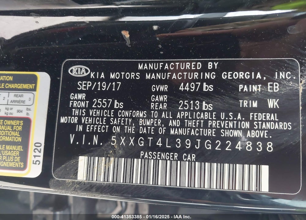2018 KIA OPTIMA LX VIN: 5XXGT4L39JG224838