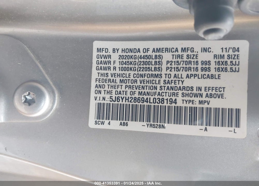 2004 HONDA ELEMENT EX VIN: 5J6YH28694L038194