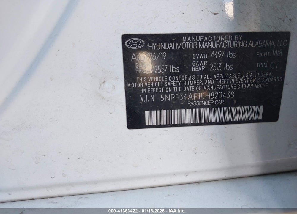 2019 HYUNDAI SONATA VIN: 5NPE34AF1KH820438