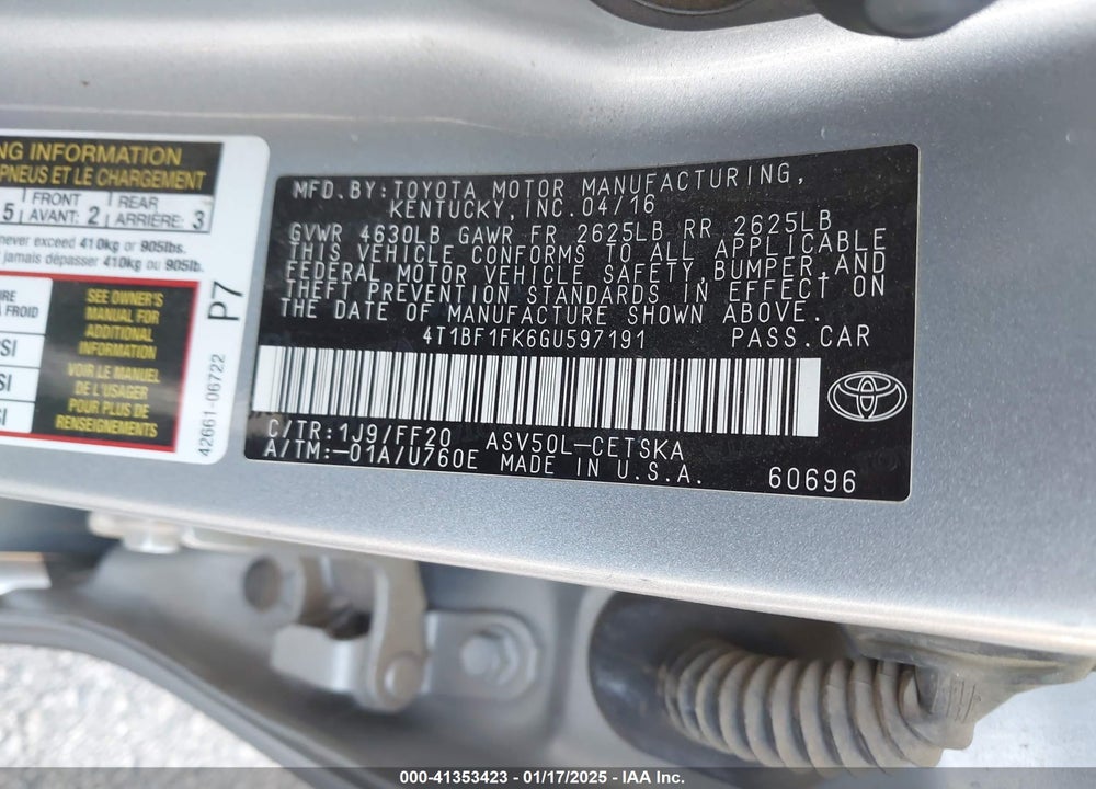 2016 TOYOTA CAMRY VIN: 4T1BF1FK6GU597191
