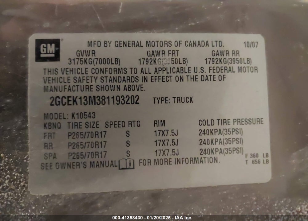 2008 CHEVROLET SILVERADO 1500 LT1 VIN: 2GCEK13M381193202
