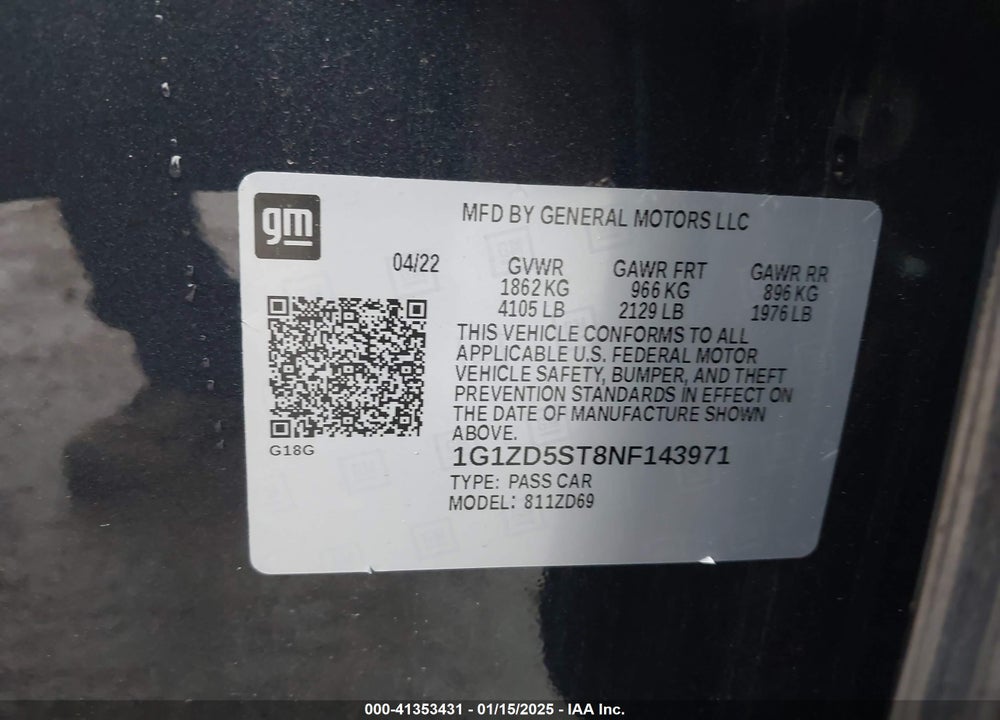 2022 CHEVROLET MALIBU FWD LT VIN: 1G1ZD5ST8NF143971