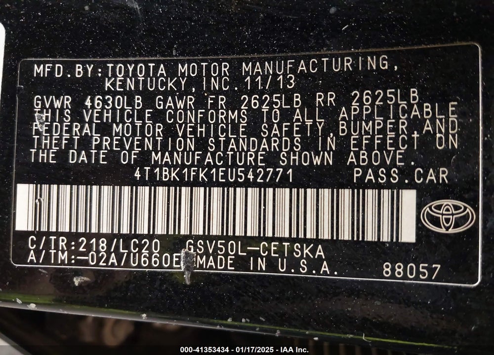 2014 TOYOTA CAMRY SE V6 VIN: 4T1BK1FK1EU542771