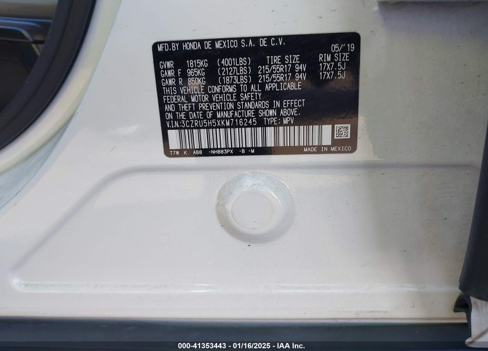 2019 HONDA HR-V EX VIN: 3CZRU5H5XKM716245
