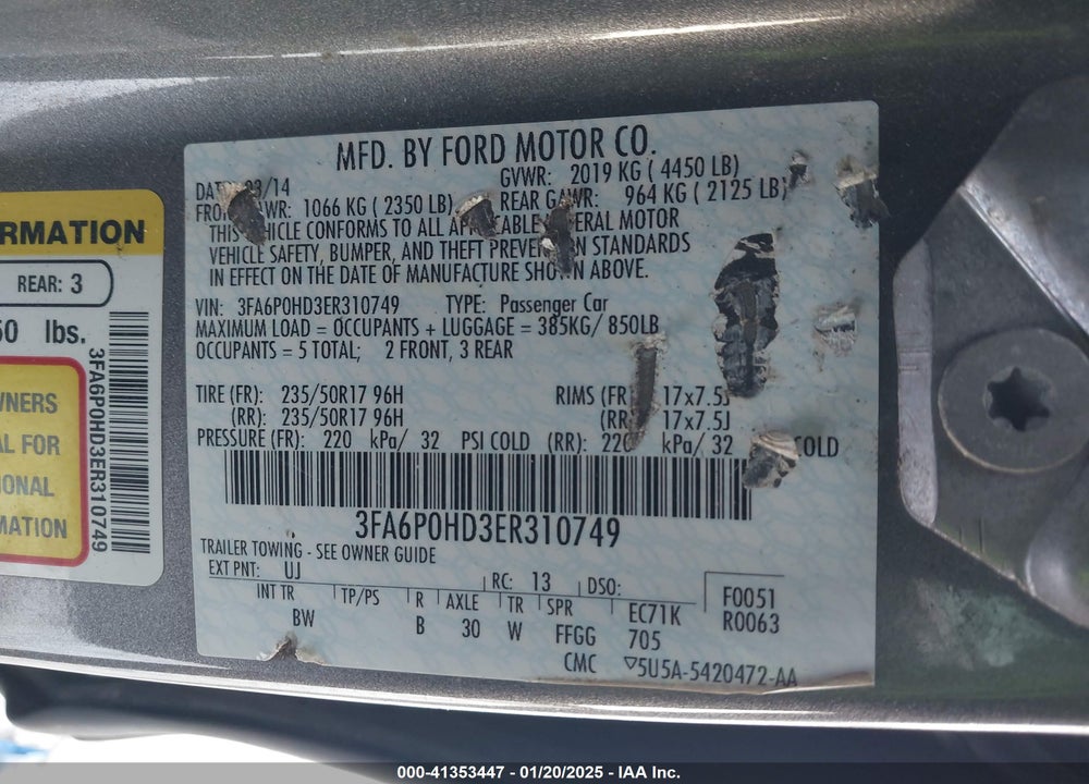2014 FORD FUSION VIN: 3FA6P0HD3ER310749