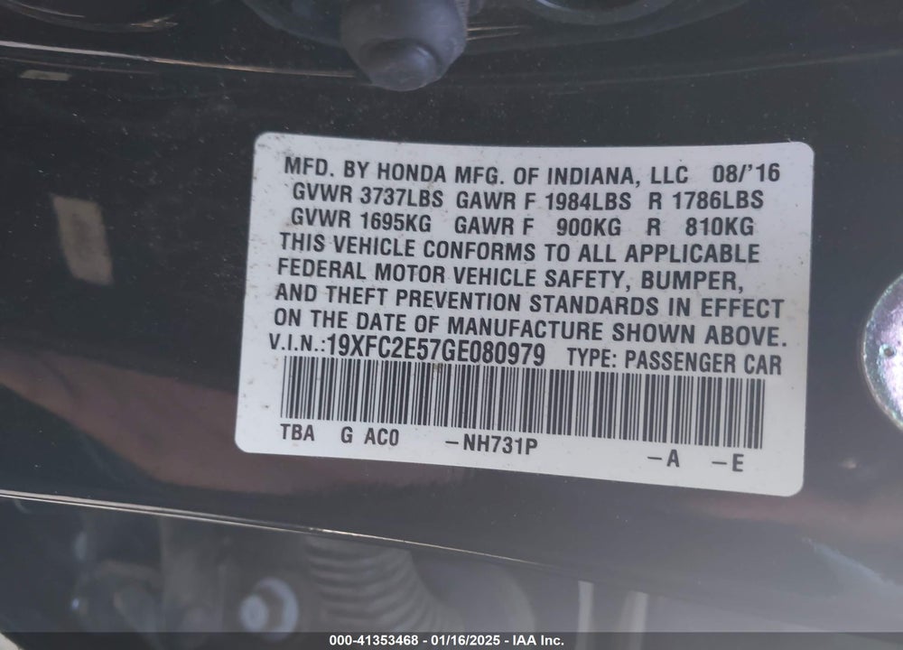 2016 HONDA CIVIC LX VIN: 19XFC2E57GE080979