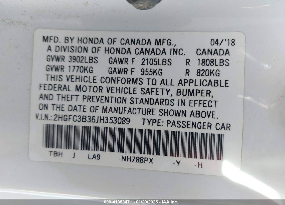 2018 HONDA CIVIC VIN: 2HGFC3B36JH353089