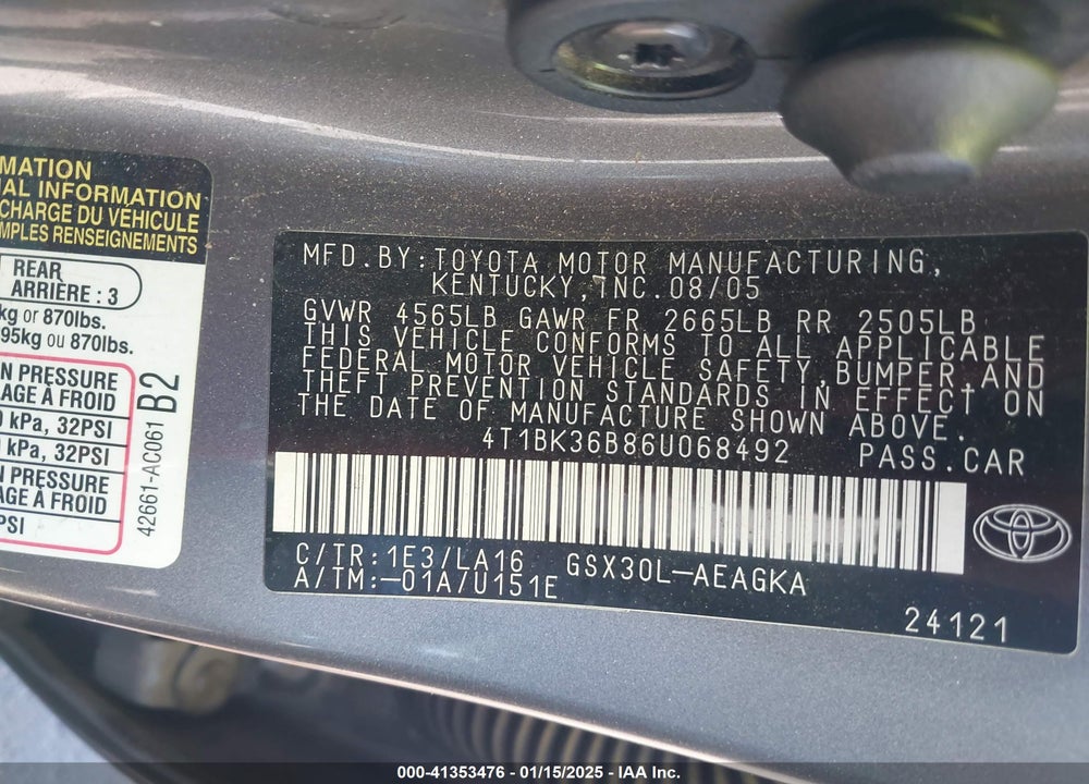 2006 TOYOTA AVALON XLS VIN: 4T1BK36B86U068492