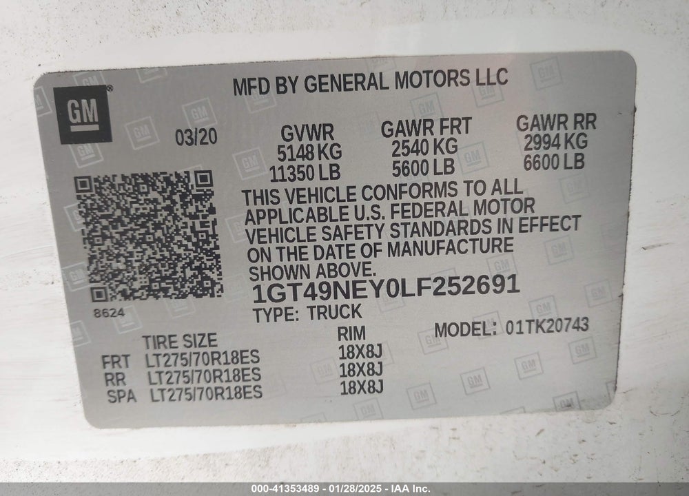 2020 GMC SIERRA 2500HD 4WD  STANDARD BED SLT VIN: 1GT49NEY0LF252691