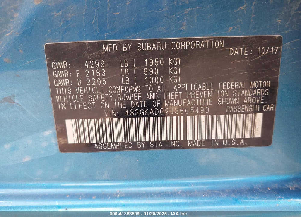 2018 SUBARU IMPREZA VIN: 4S3GKAD62J3605490