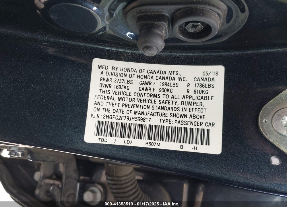 2018 HONDA CIVIC VIN: 2HGFC2F79JH569817