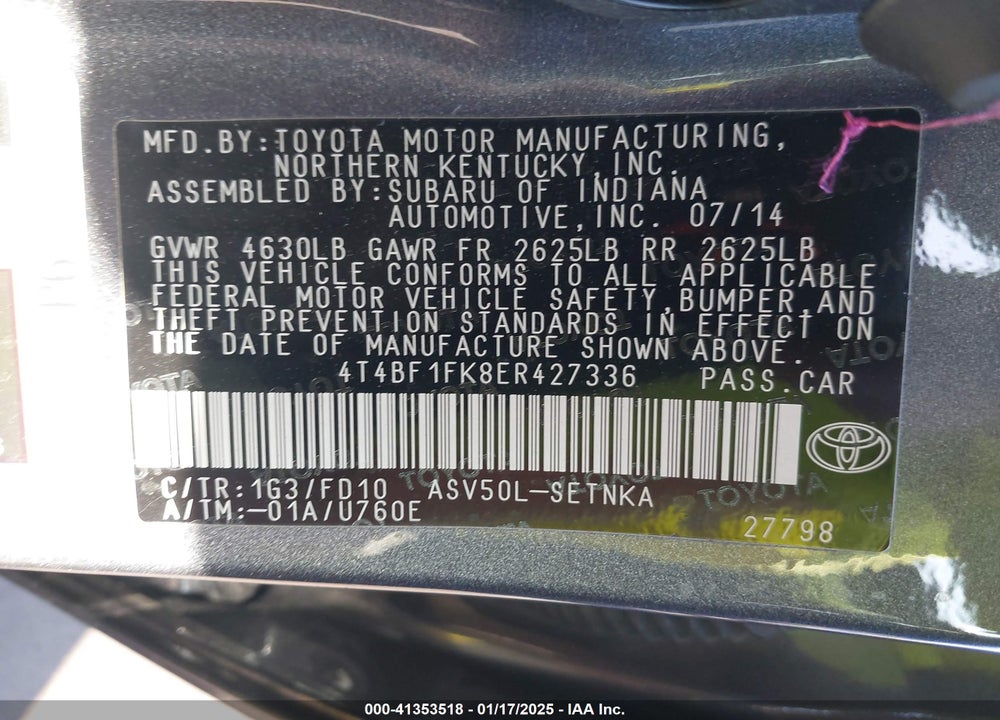 2014 TOYOTA CAMRY LE VIN: 4T4BF1FK8ER427336