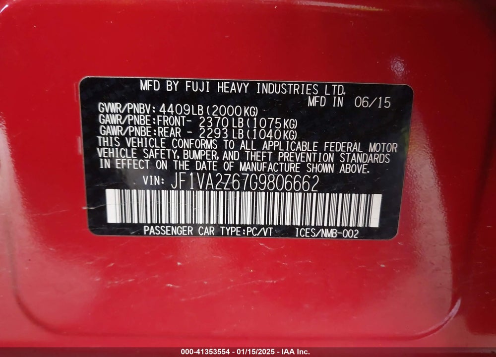 2016 SUBARU WRX STI VIN: JF1VA2Z67G9806662