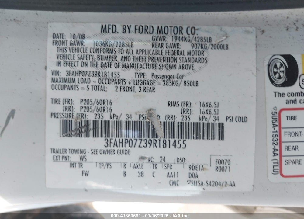 2009 FORD FUSION SE VIN: 3FAHP07Z39R181455