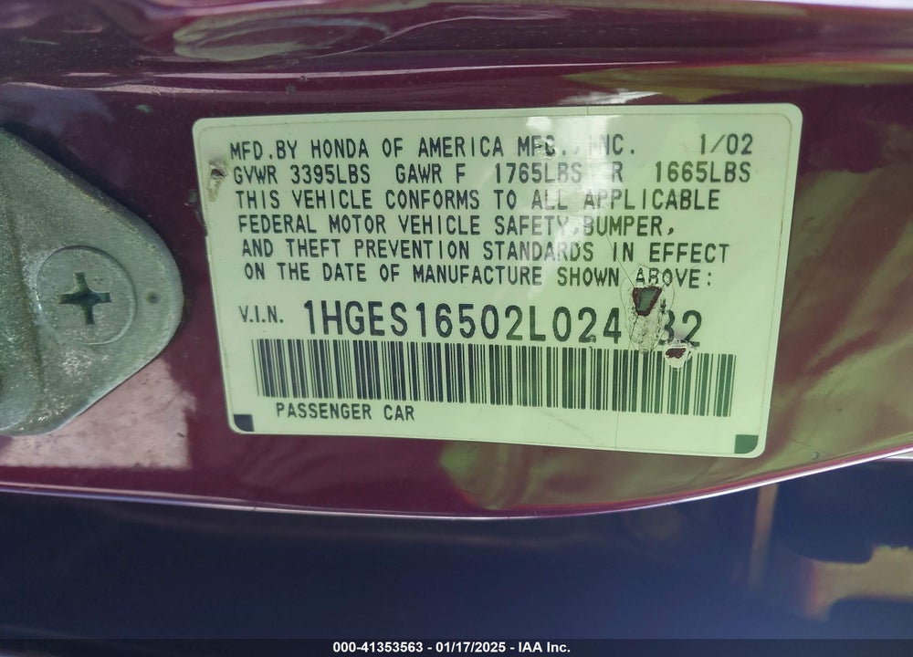 2002 HONDA CIVIC LX VIN: 1HGES16502L024682