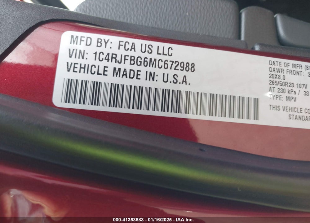2021 JEEP GRAND CHEROKEE LIMITED X 4X4 VIN: 1C4RJFBG6MC672988