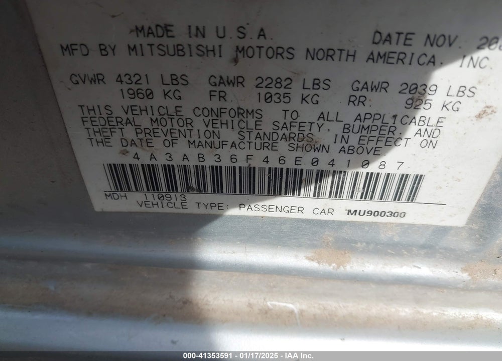 2006 MITSUBISHI GALANT VIN: 4A3AB36F46E041087