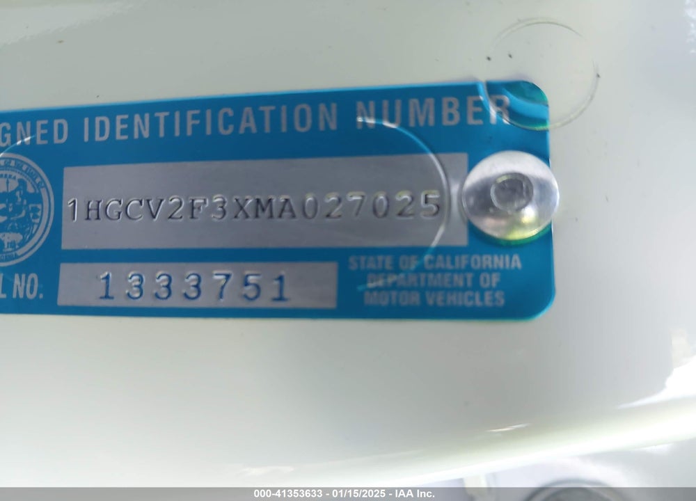 2021 HONDA ACCORD VIN: 1HGCV2F3XMA027025