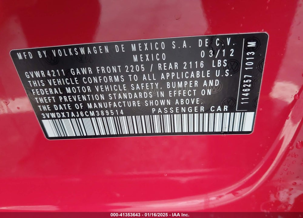 2012 VOLKSWAGEN JETTA VIN: 3VWDX7AJ6CM389514