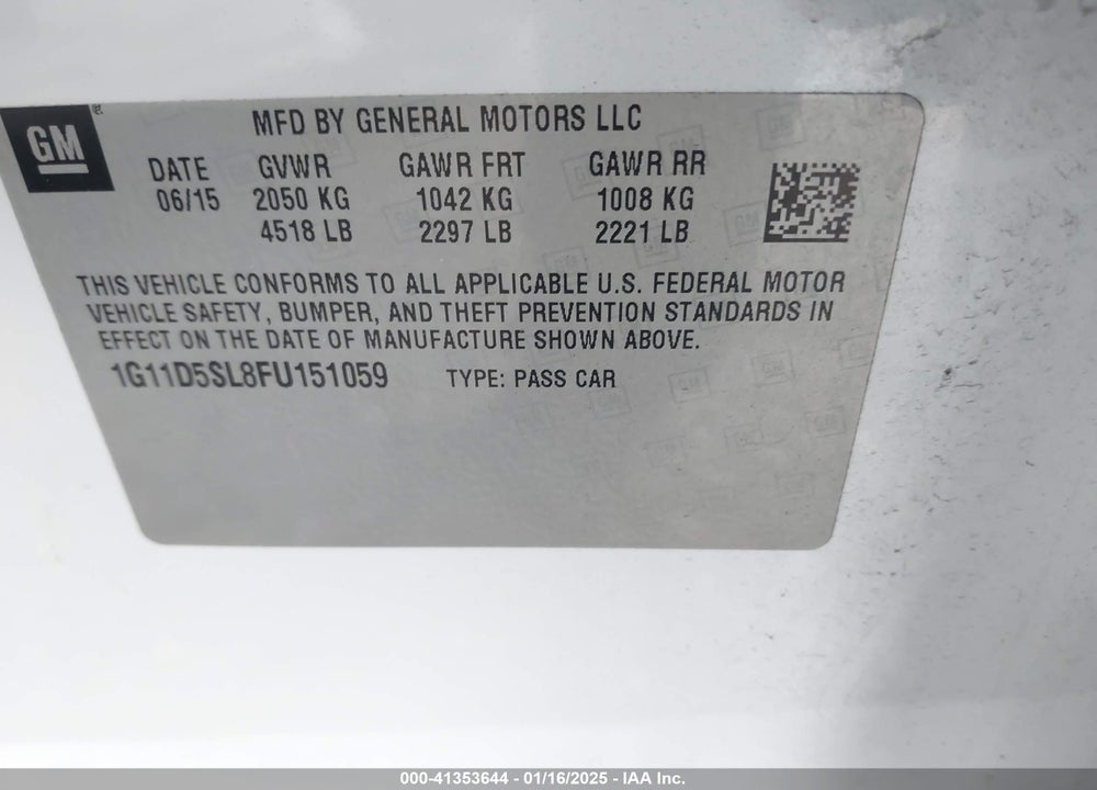 2015 CHEVROLET MALIBU VIN: 1G11D5SL8FU151059