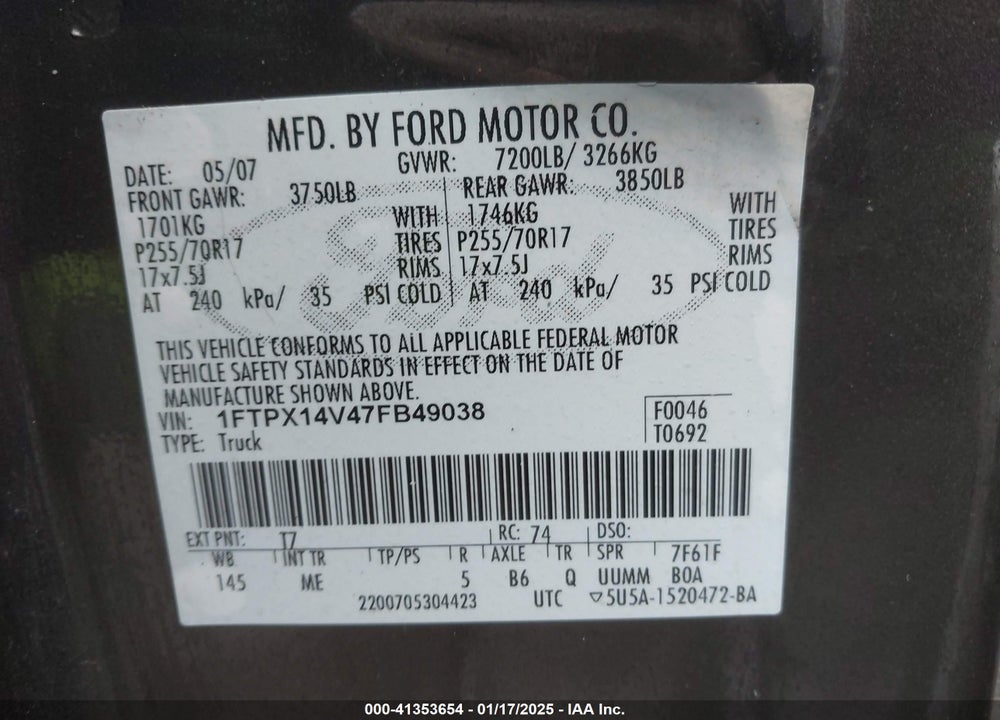 2007 FORD F-150 VIN: 1FTPX14V47FB49038