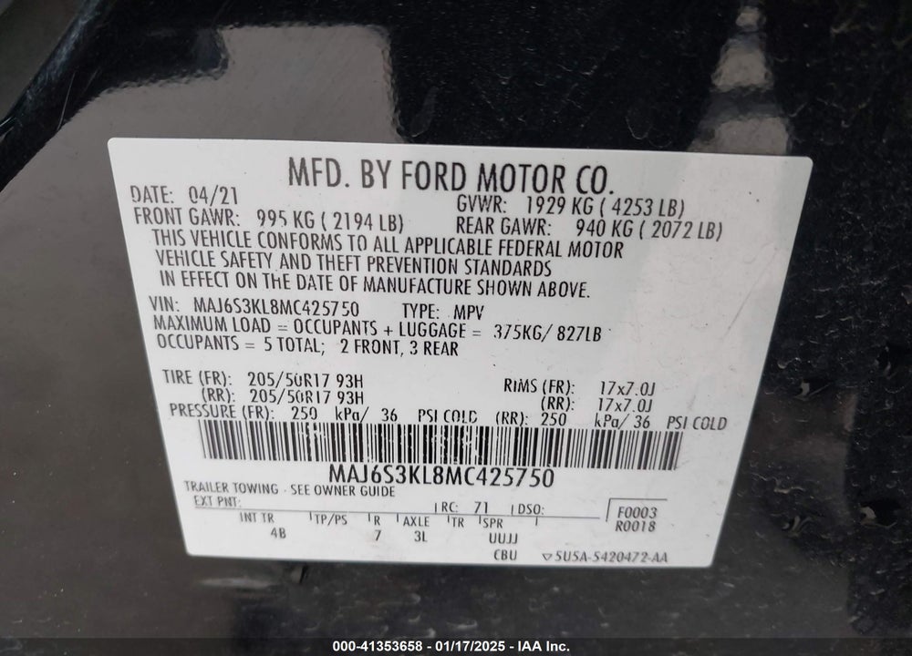 2021 TITAN FORD ECOSPORT IUM VIN: MAJ6S3KL8MC425750