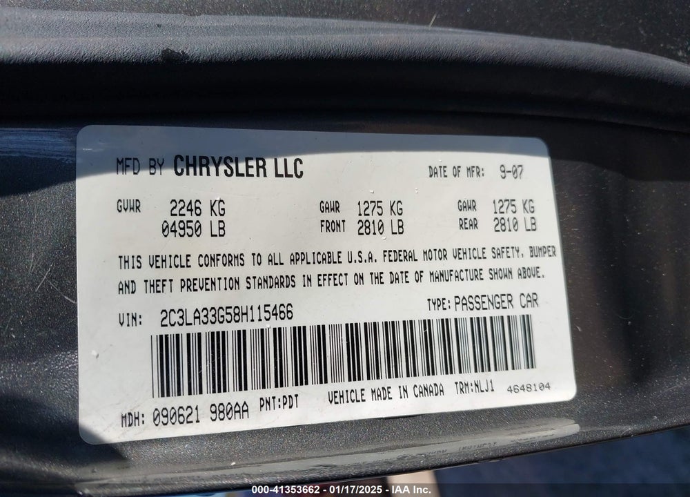 2008 CHRYSLER 300 LIMITED VIN: 2C3LA33G58H115466