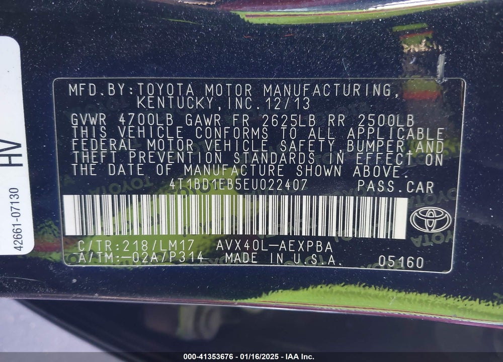 2014 TOYOTA AVALON HYBRID VIN: 4T1BD1EB5EU022407