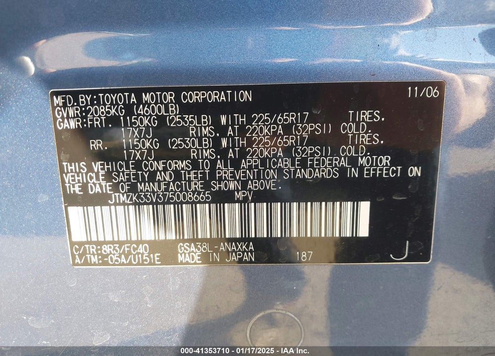 2007 TOYOTA RAV4 VIN: JTMZK33V375008665