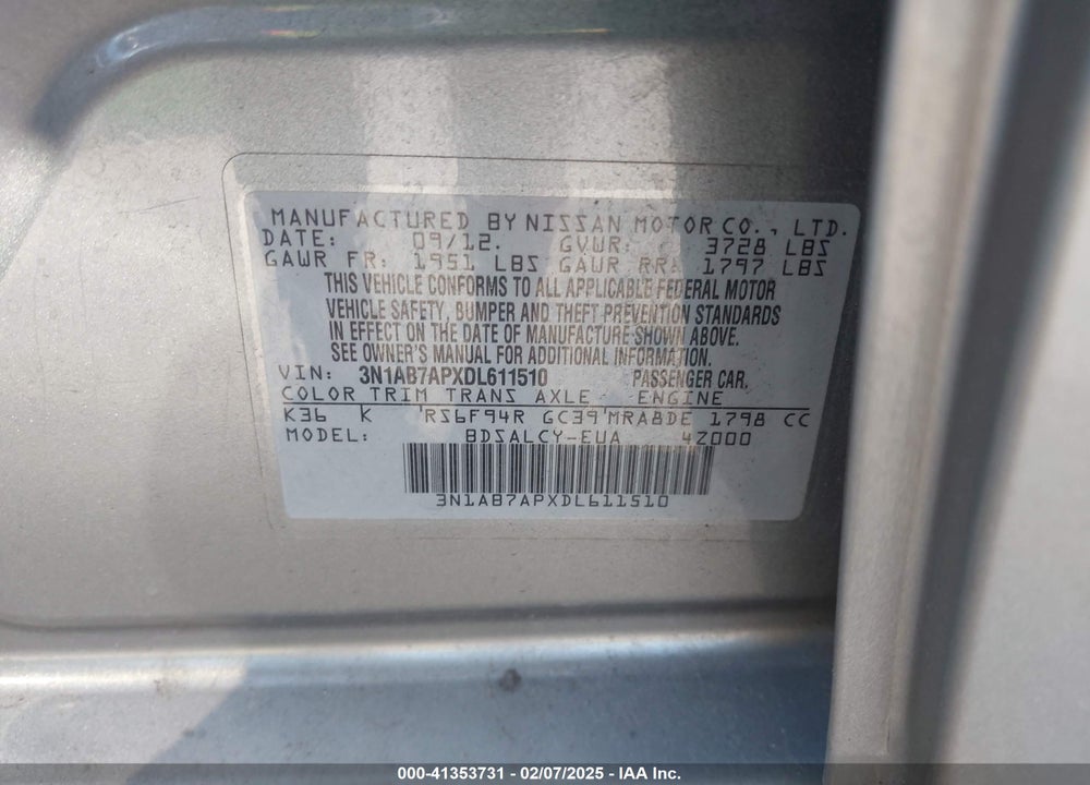 2013 NISSAN SENTRA VIN: 3N1AB7APXDL611510