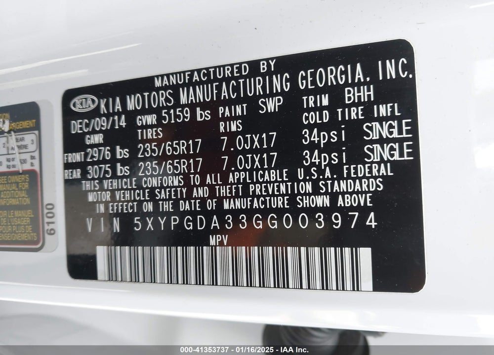 2016 KIA SORENTO 2.4L LX VIN: 5XYPGDA33GG003974