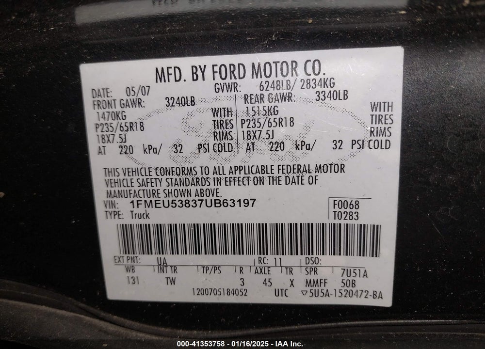 2007 FORD EXPLORER SPORT TRAC VIN: 1FMEU53837UB63197