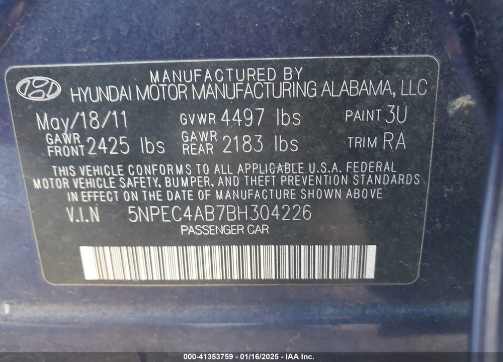 2011 HYUNDAI SONATA VIN: 5NPEC4AB7BH304226