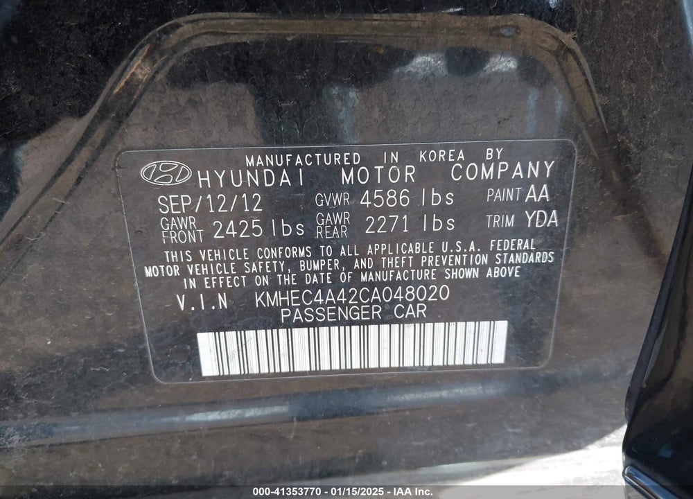2012 HYUNDAI SONATA VIN: KMHEC4A42CA048020