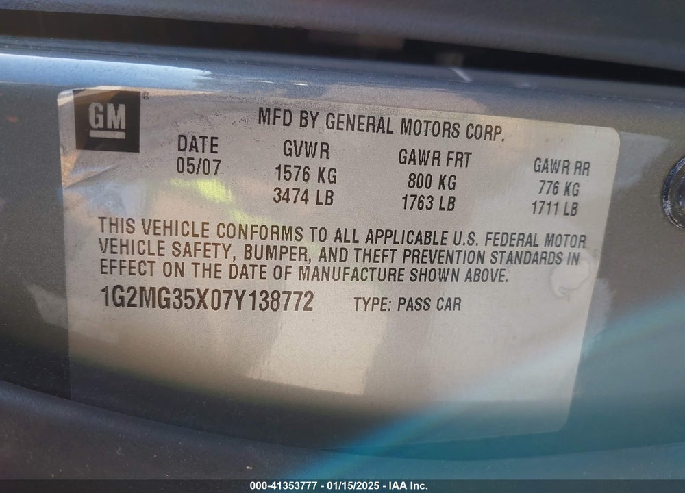 2007 PONTIAC SOLSTICE VIN: 1G2MG35X07Y138772