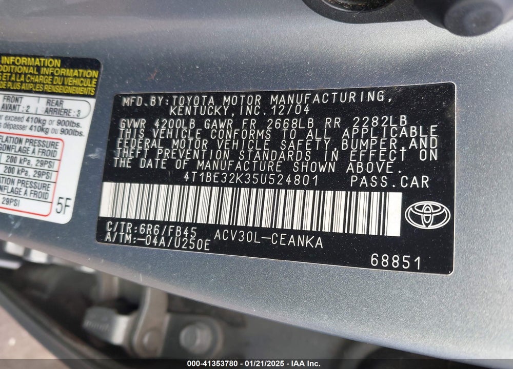 2005 TOYOTA CAMRY LE VIN: 4T1BE32K35U524801