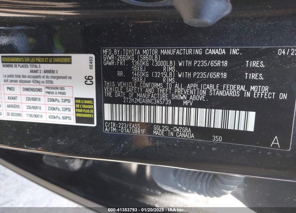 2022 LEXUS RX 350 VIN: 2T2HZMDA8NC345739