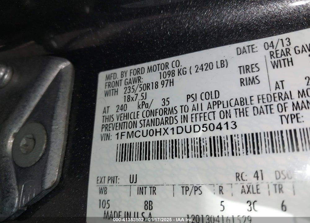 2013 FORD ESCAPE SEL VIN: 1FMCU0HX1DUD50413