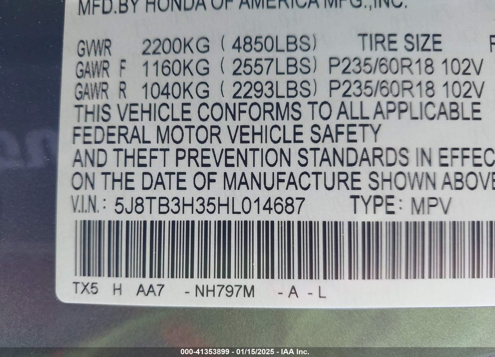 2017 ACURA RDX BASE (A6)/W/WATCH PLUS PACKAGE VIN: 5J8TB3H35HL014687