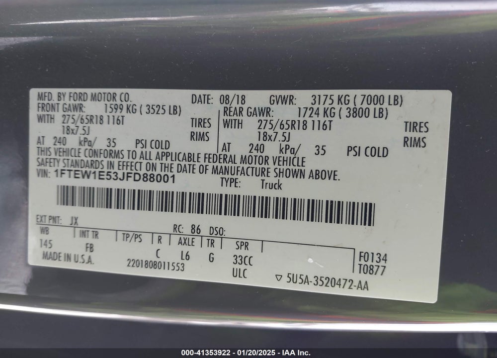 2018 FORD F-150 XLT VIN: 1FTEW1E53JFD88001