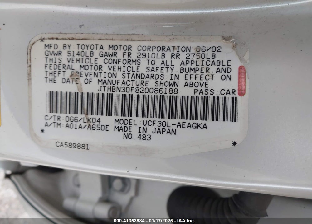 2002 LEXUS LS 430 VIN: JTHBN30F820086188