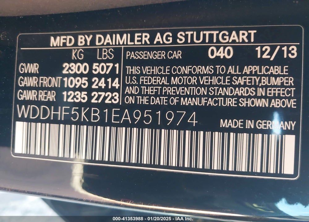2014 MERCEDES-BENZ E 350 VIN: WDDHF5KB1EA951974