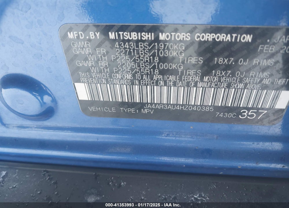 2017 MITSUBISHI OUTLANDER SPORT 2.0 ES VIN: JA4AR3AU4HZ040385