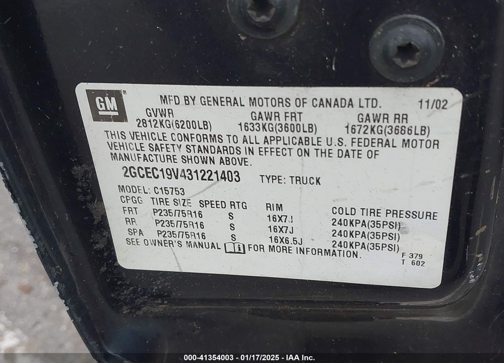 2003 CHEVROLET SILVERADO 1500 LS VIN: 2GCEC19V431221403