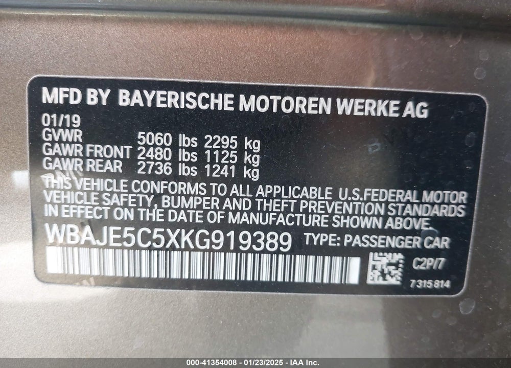 2019 BMW 540I VIN: WBAJE5C5XKG919389