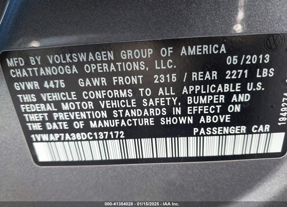 2013 VOLKSWAGEN PASSAT VIN: 1VWAP7A36DC137172