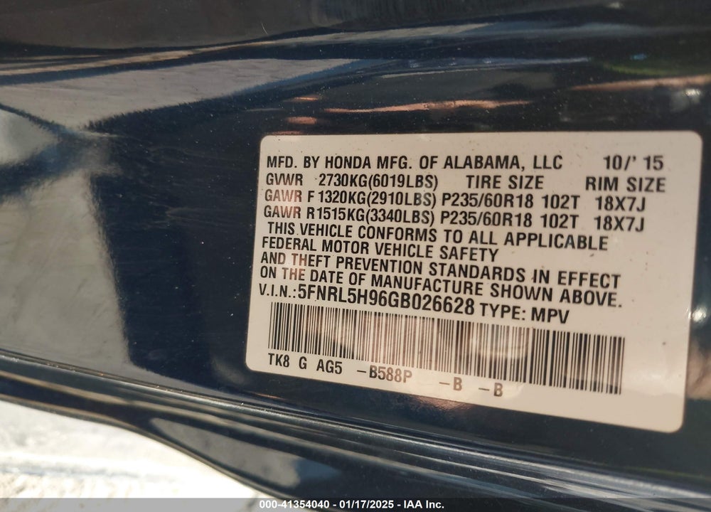 2016 HONDA ODYSSEY TOURING/TOURING ELITE VIN: 5FNRL5H96GB026628